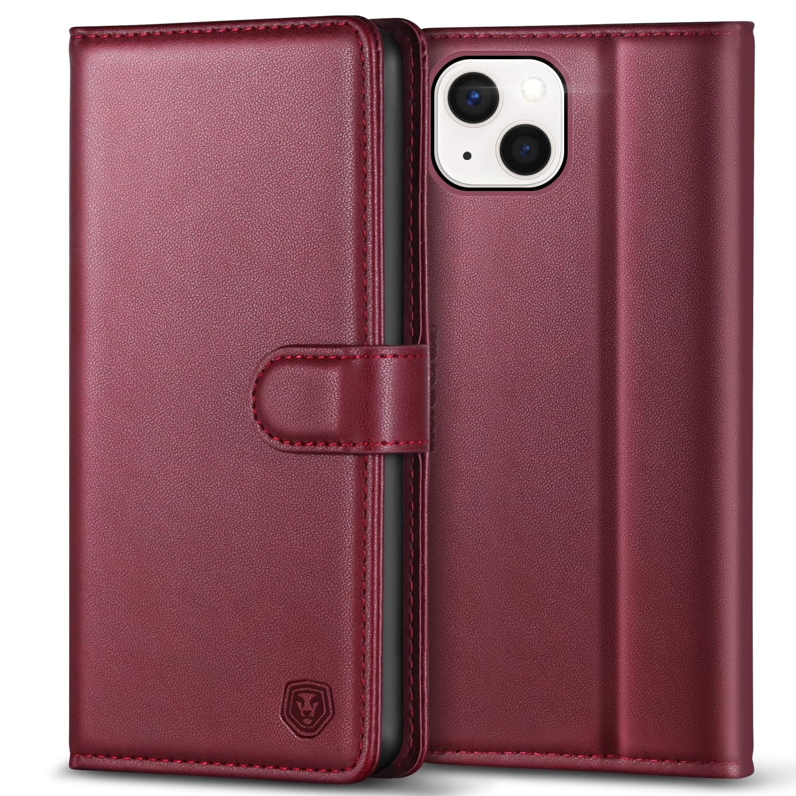Kuafcase Compatible for iPhone 13 Case with 4 Card Slots Magnetic Closure Kickstand Shockproof Protective Phone Case Compatible for iPhone 13 - Wine Red — image 1