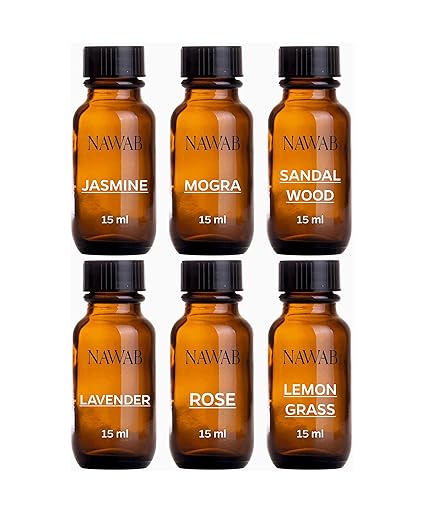 NAWAB Aroma Diffuser Oil (Lavender, Lemongrass, Rose, Jasmine, Sandalwood and Mogra), 15ml Each, Multicolour - Set of 6
