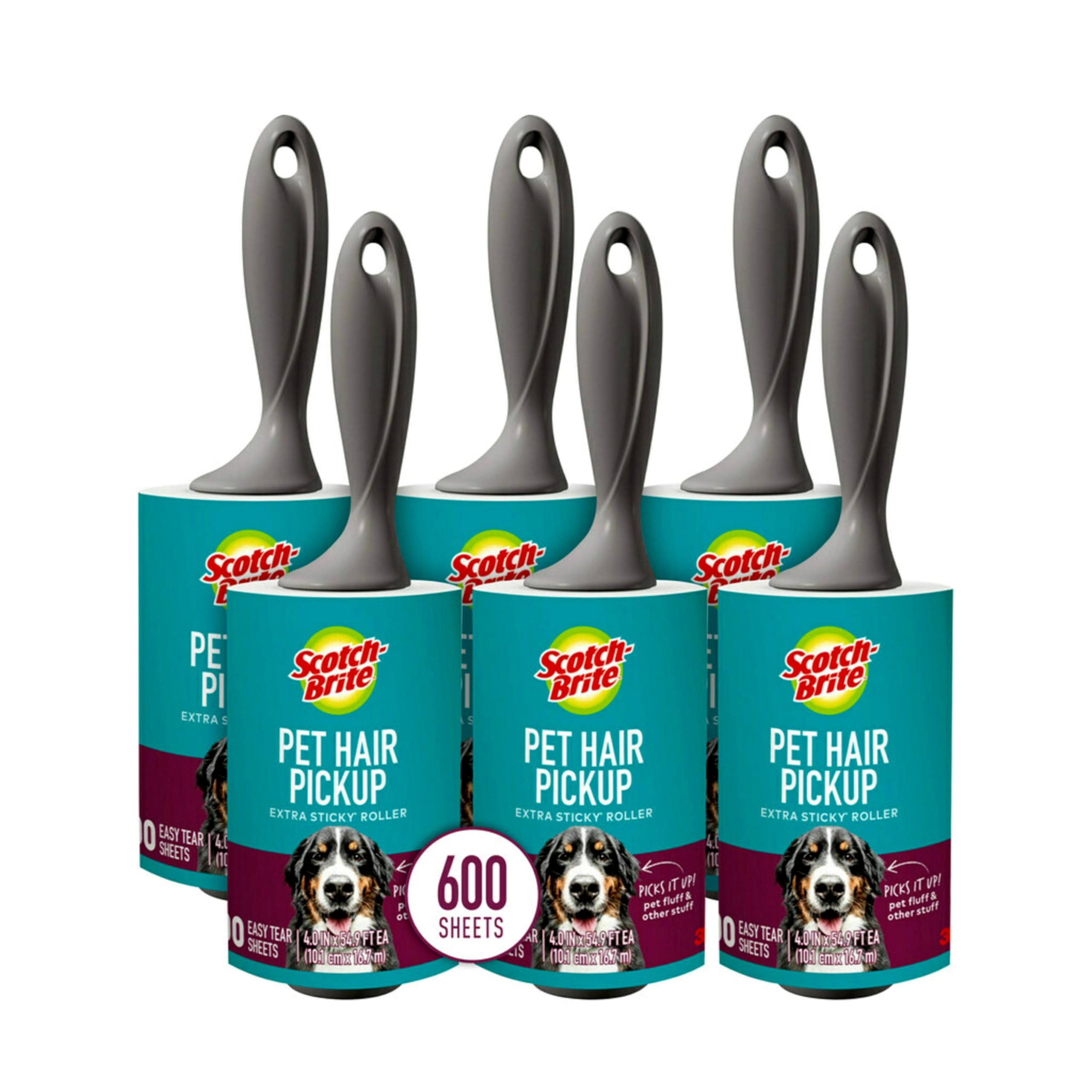 Photo 1 of Scotch-Brite Pet Hair Pickup Extra Sticky Lint Roller, Designed for Removing Fur + Fluff on Couches, Clothes, Dog and Cat Beds, & More, 6 Pack, 600 Easy-Tear Adhesive Sheets Total