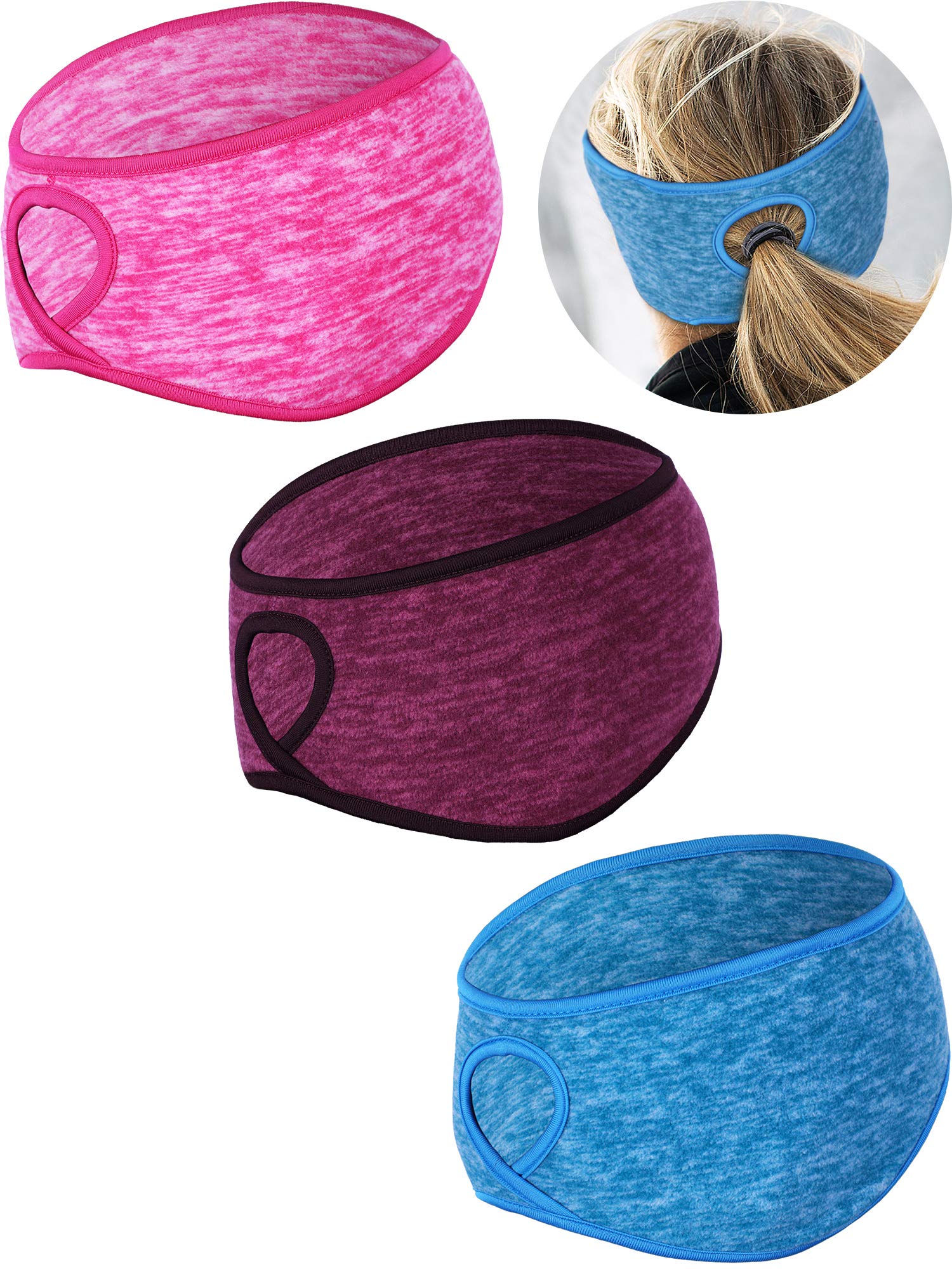 Tatuo 3 Pieces Fleece Ponytail Headband Earband Winter Running Headband Ear Warmer Headband for Women Girls Outdoor Sports and Fitness (Rose Red, Blue, Purple Red)