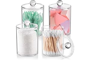 XIPENGKEJI 4 Pack Qtip Holder, Apothecary Jars Cotton Ball Holder Dispenser, Bathroom Jars with Lids Set for Cotton Round, Cotton Swab, 10oz Plastic Canisters Restroom Bedroom Vanity Organizer (Clear)