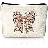 LIANGW Coquette Leopard Print Bow Christian Makeup Bag, She Is Worthy Blue Girly Cosmetic Bags for Women, Christian Gifts for Women, Preppy Aesthetic Zipper Makeup Pouch