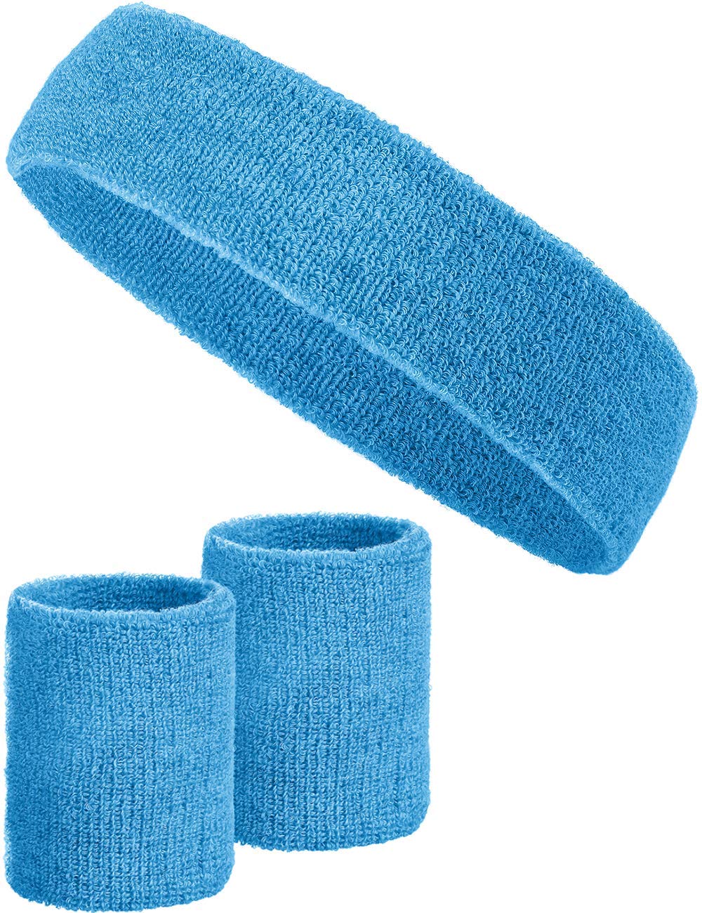 3-piece sweatband set with 2x sweatbands for wrists + 1x headband for women & men (light blue)