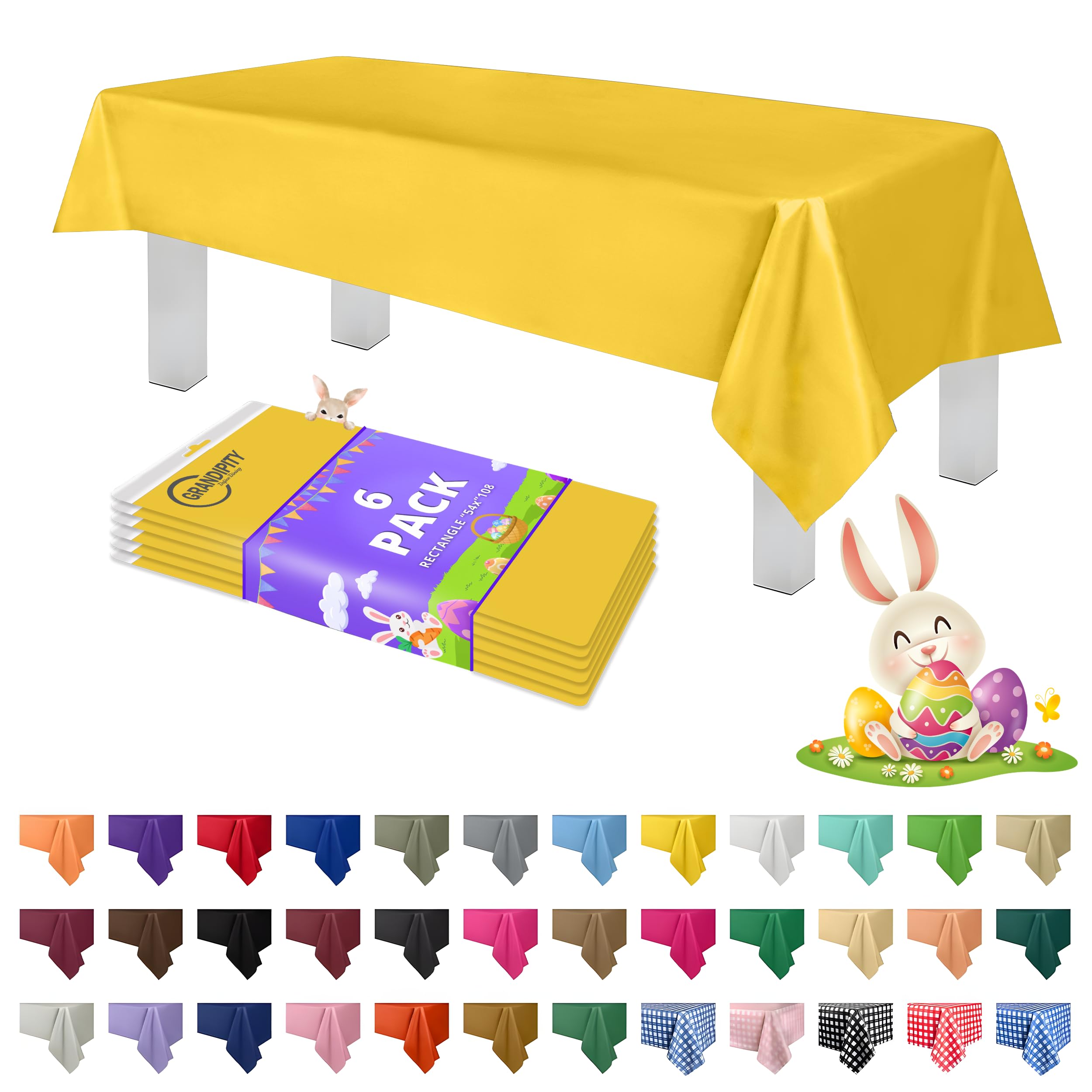 Grandipity Yellow Plastic Table Cloth Disposable (6 Pk) 54in x 108in Plastic Tablecloths for Rectangle Tables - Premium Party Table Cloths Disposable for 6ft to 8ft Rectangle Tables — image 1