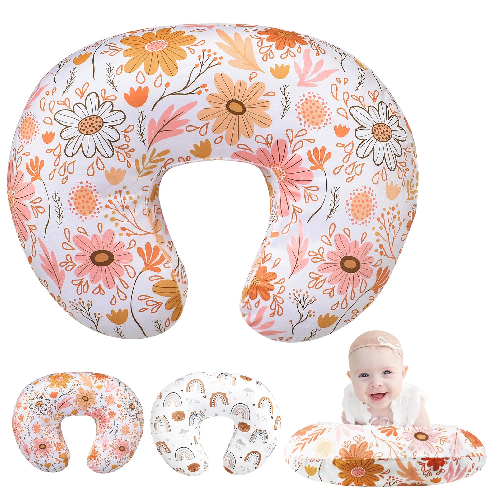 Baby Nursing Pillow Cover for Breastfeeding, Infant Removable Feeding Pillowcase Cute Pattern Newborn Slipcover Cushion Cover for Girls Boys 69 x 52cm (Pink)