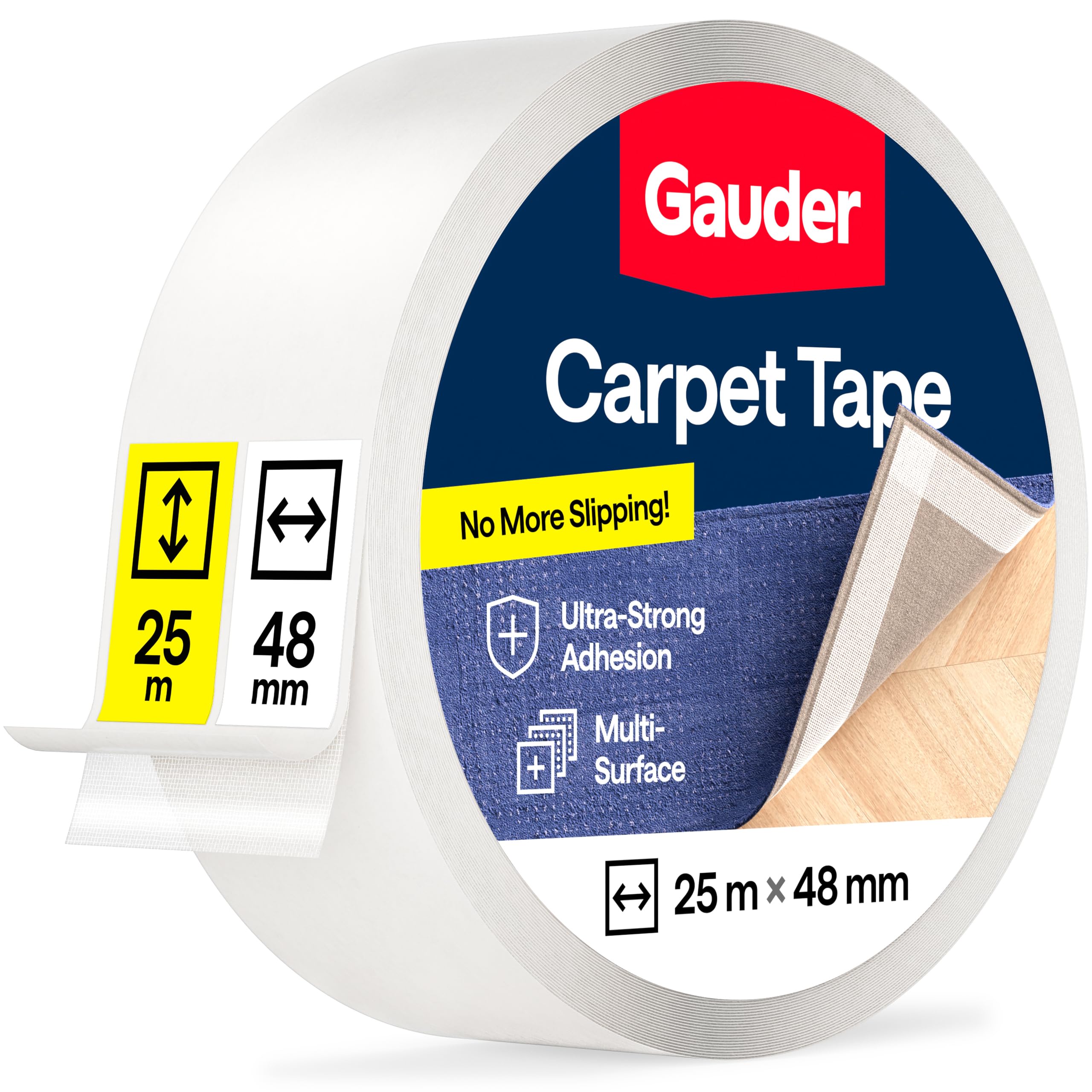 GAUDER Double-Sided Carpet Tape Extra Strong - Long Lasting Rug Grip to Stop Sliding - Flooring Adhesive for Home & Professional Use (25 m x 48 mm)