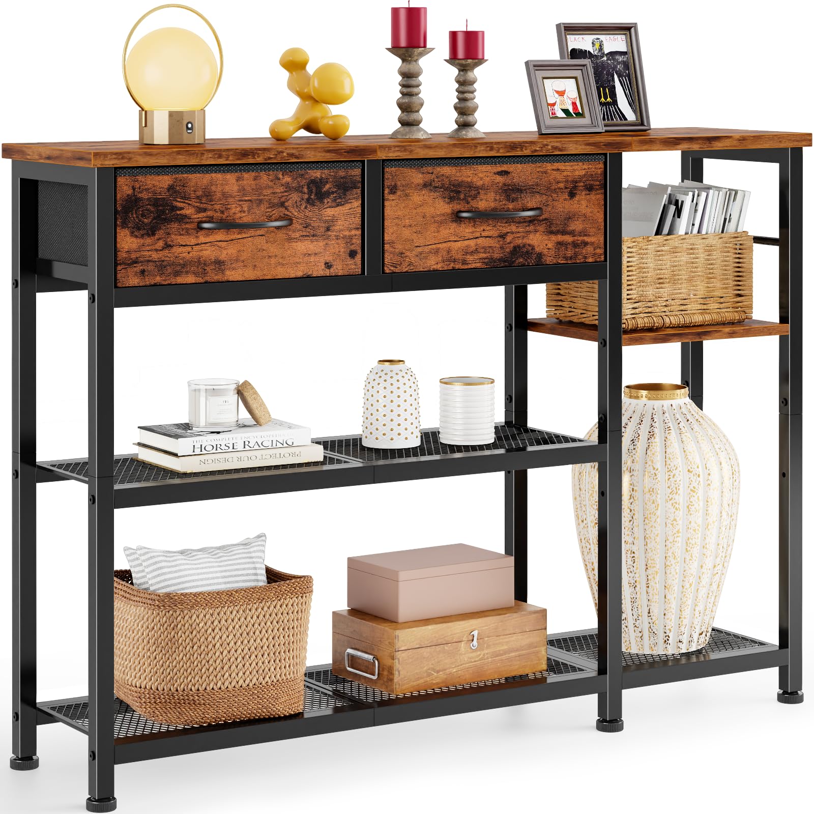 Photo 1 of Furnulem Entryway Table 44'' Sofa Console Table with 2 Fabric Drawers, Industrial Entry Way Shoe Rack with Metal Mesh Shelf for Front Door, Hallway, Foyer Wooden Top, Sturdy Metal Frame, Rustic Brown