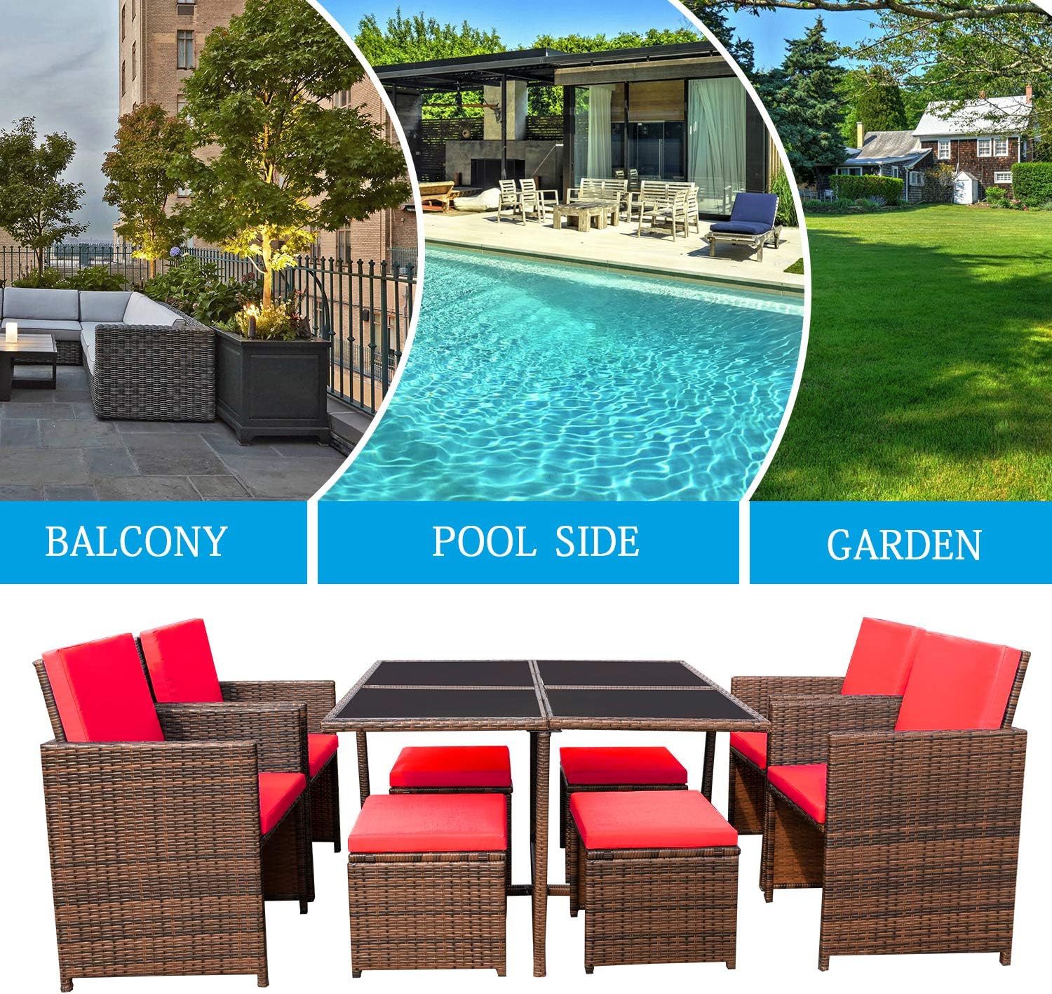 Devoko 9 Pieces Patio Dining Sets Outdoor Space Saving Rattan Chairs With Glass Table Patio Furniture Sets Cushioned Seating And Back Sectional Conversation Set Red Amazon Ca Patio Lawn Garden