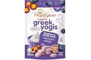 HAPPY FAMILY Happy Baby Organics Baby Snacks, Greek Yogis, Freeze Dried Yogurt &Veggie Fruit Snacks, Gluten Free Snack for Babies 9+ Months, Blueberry & Purple Carrot, 1 Ounce