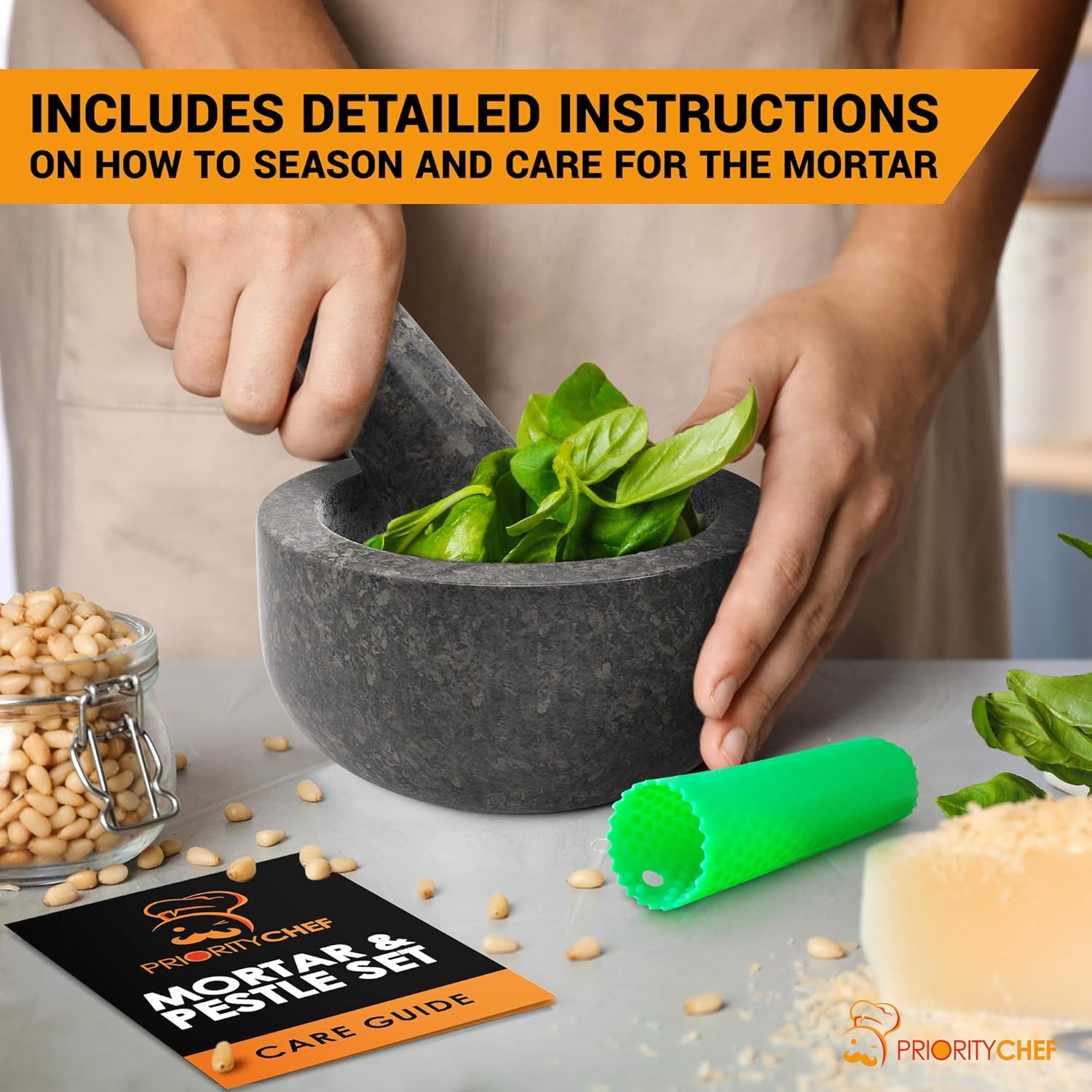 PriorityChef Mortar and Pestle Set, 100% Natural Granite with Polished Black Exterior Finish, 2 Cup Capacity, Silicone Garlic Peeler Included: Kitchen & Dining