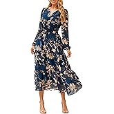 Simplee Women's Floral Boho Long Sleeve Maxi Dress V Neck Empire Waist Swing Flowy Wedding Guest Dress