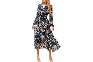 Simplee Women's Floral Boho Long Sleeve Maxi Dress V Neck Empire Waist Swing Flowy Wedding Guest Dress