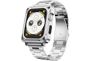 GELISHI Compatible with Apple Watch Band 44mm Men,Metal Rugged Case Bumper Full Protective Cover with Stainless Steel Band Replacement Strap for Watch Series 6 SE 5 4, Silver