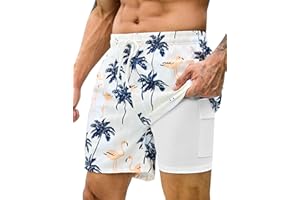 KBVOT Mens Swim Trunks with Compression Liner Bathing Suits 2 Pack Quick Dry Stretch Beach Shorts 7 inch Inseam Swimwear