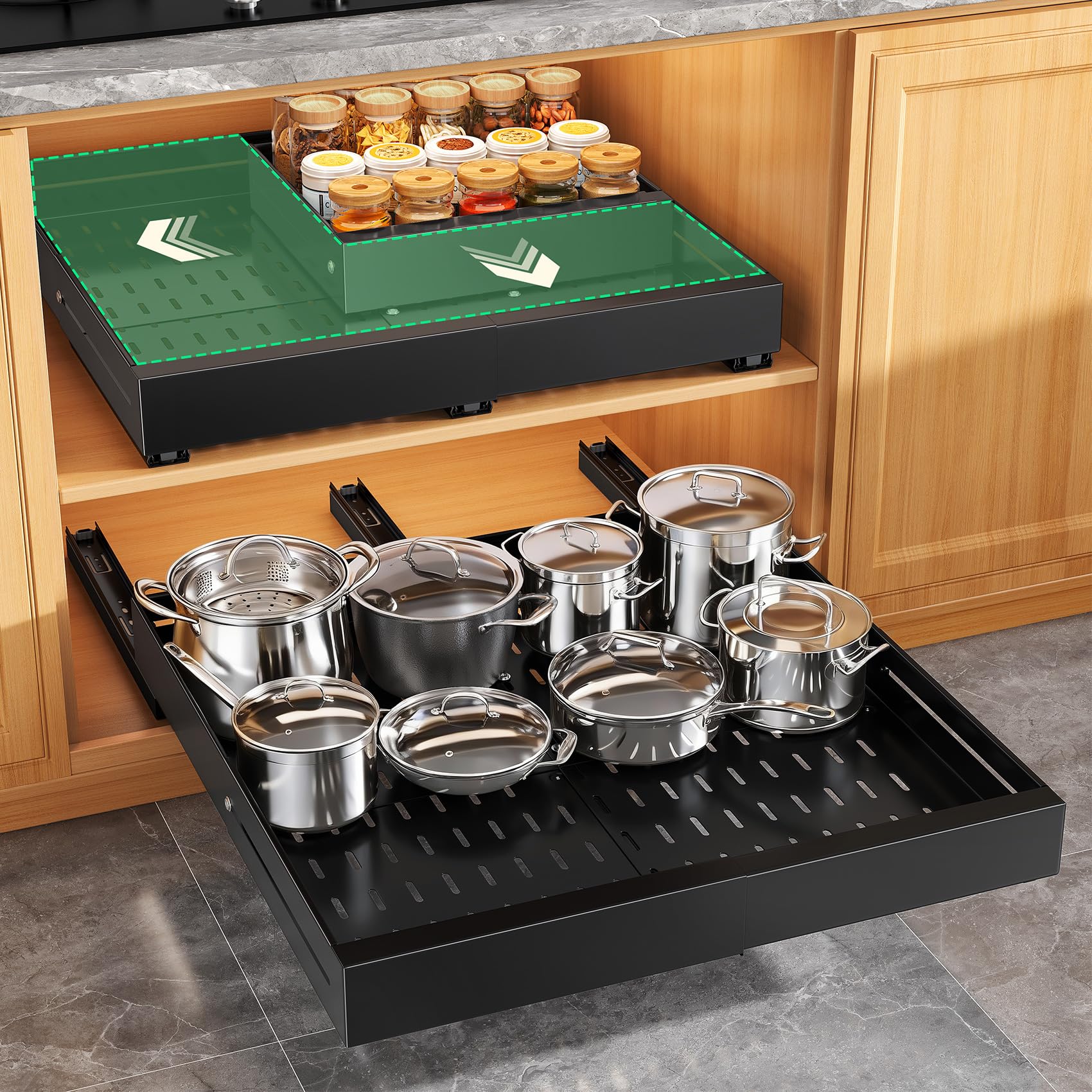 Photo 1 of 2 Pack Pull out Cabinet Organizer, Expandable Width(14"-24"), Depth(13"-24") with 3 Rails, Slide Out Drawers With Raising Pad for Framed Cabinets, with Adhesive Film for Cabinets in Kitchen, Black