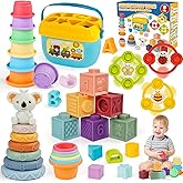 Montessori Toys for Babies Ages 6–12–18 Months with Sensory Shape Sorter Matching Game Box Stacking Cups Soft Ring, Building 