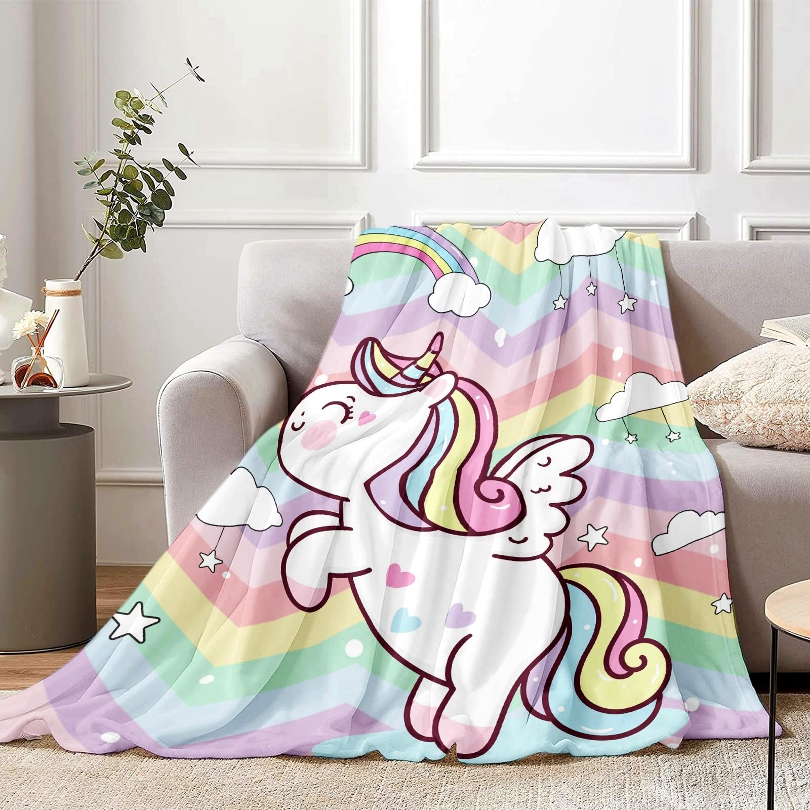 Unicorn Throw Blanket for Girls, 130 x 150 cm Cozy Rainbow Unicorn Fluffy Blanket for Kids, Soft Cute Unicorn Flannel Throw Blanket for Children Teen Women Gift, Suitable for Sofa Bed Couch Decor
