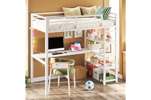 ANCTOR Loft Bed Twin Size with L Shaped Desk and Shelves, Heavy Duty Metal Loft Bed Frame with Power Outlet and LED Lighted, Space-Saving, Noise Free, White