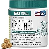 Dog Multivitamin Chewable - Chew + Heal 12-in-1, 60 Count, Puppy & Senior Dog Vitamins and Supplements for Hip & Joint with Glucosamine, Omega 3,6,9, Probiotics, Chicken Flavor