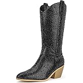 IDIFU IN3 Rhinestone Cowboy Boots for Women Mid Calf Sparkly Western Cowgirl Pointed Toe Booties Low Block Chunky Heel Glitter Country Cute Zipper Dress Booties Wedding Party Bling Shiny Boots