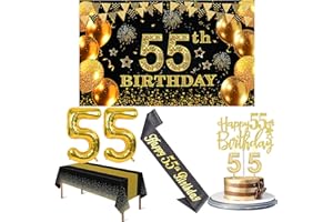 YEOHJOY 55th Birthday Decorations for Men Women with 55th Birthday Banner, Black and Gold Table Cloth, Number Balloons, Large Sash, Cake Topper and Candles
