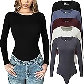 Chongbaijia 5 Pack Long Sleeve Bodysuit for Women Crew Neck Casual Stretchy Basic T Shirt Body Suits Tops