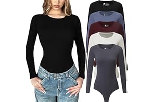 Chongbaijia 5 Pack Long Sleeve Bodysuit for Women Crew Neck Casual Stretchy Basic T Shirt Body Suits Tops