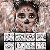 Day of the Dead Face Tattoos - 8 Sheet Halloween Temporary Tattoos Face Sticker Kit Día de Los Muertos Glitter Red Roses Skeleton Sugar Skull Fake Tattoo for Halloween Makeup on Face Body