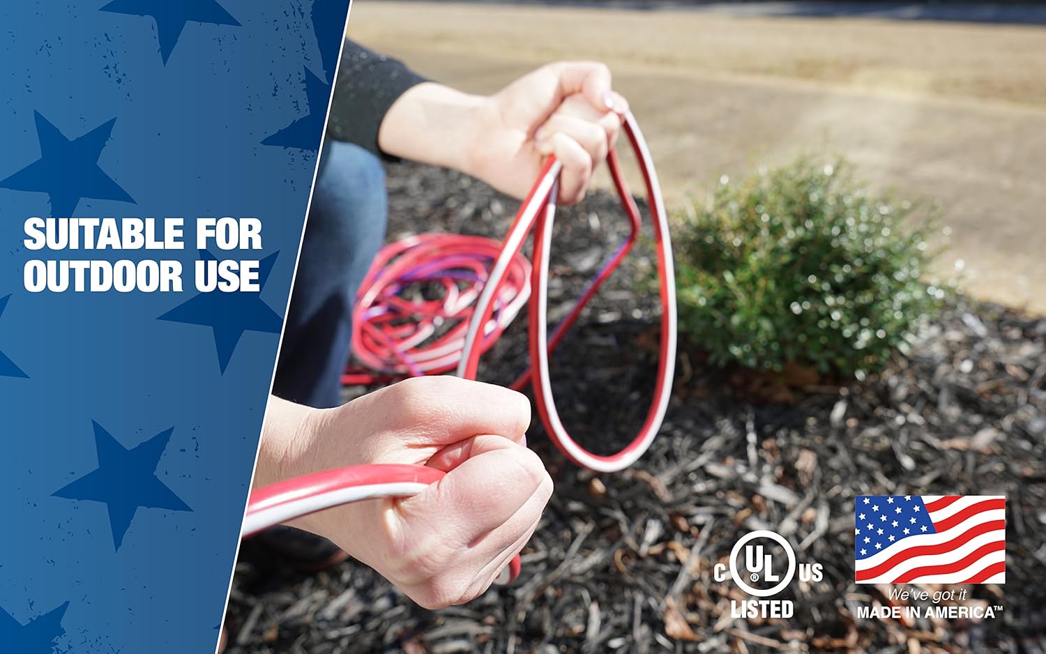 Southwire 2549SWUSA1 100-Feet, Contractor Grade, 12/3 Extension Cord, With Lighted End; Red White And Blue, American Made Extension Cord, Indoor and Outdoor Use, Water Resistant Flexible Jacket - Outdoor Extension Cord - 