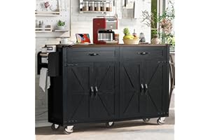 Amposei Farmhouse Rolling Kitchen Island with Power Outlet, Drop Leaf Breakfast Bar, Wooden Mobile Storage Island Cart on Wheels with Drawers, Spice Rack for Kitchen Dining Room (Black)