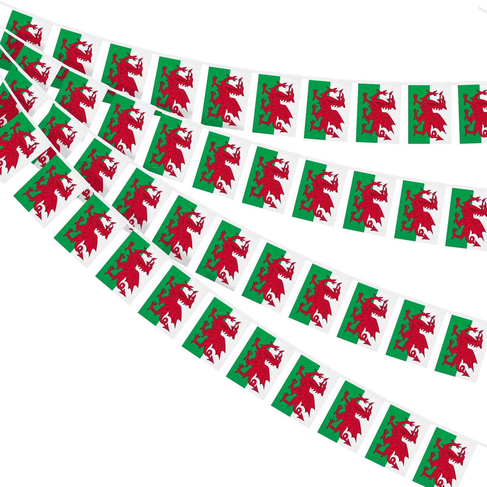AhfuLife Welsh Flag Bunting 30pcs Flags for St David's Day, 10m Double Sided Wales Welsh Dragon Bunting for Six Nations Rugby Euro World Cup Football Party Decorations (14 x 21 cm - 10m, 1 Pack)