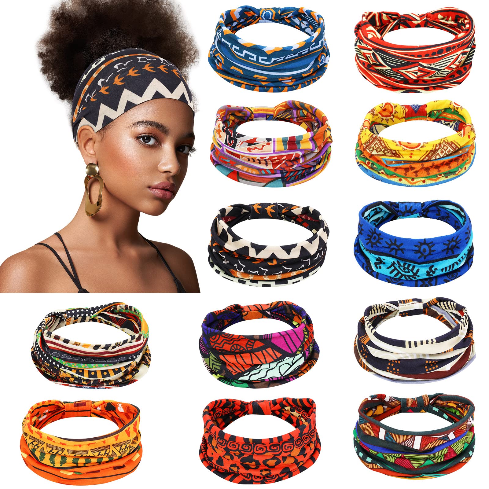 Photo 1 of Censen 12 Pcs African Headbands for Women - Chiffon Knotted Assorted Bandeau Headbands Wide Yoga Elastic Hair Wraps - Hair Accessories for Girls Lady Running (Vivid)