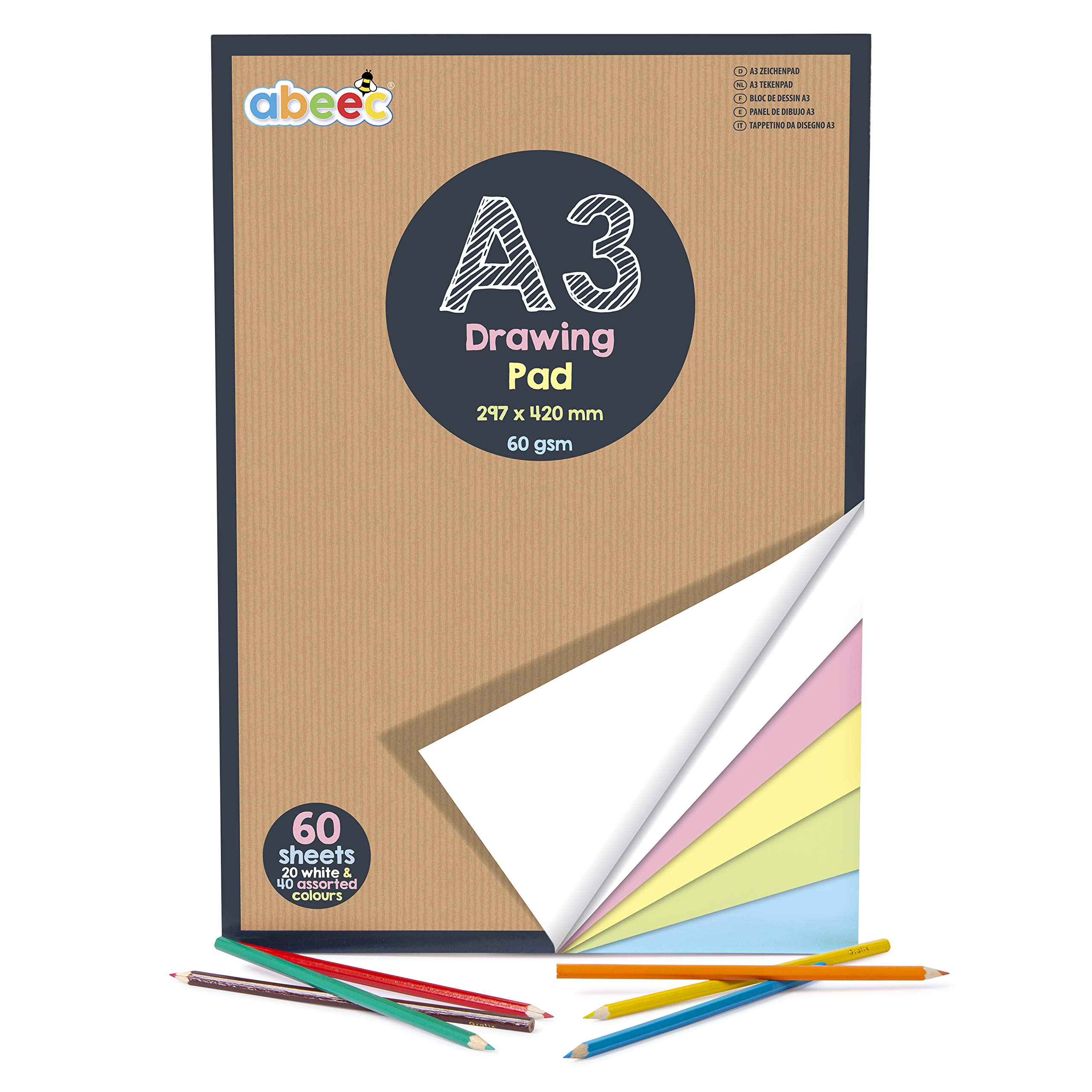 abeec A3 Drawing Pad – 20 White Sheets and 40 Coloured Sheets – A3 Sketch Pad with White and Pastel Paper