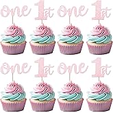 Rsstarxi 24 Pack One Cupcake Toppers Glitter 1st Birthday Cupcake Picks for Baby Shower First Birthday Party Cake Decorations Supplies Pink