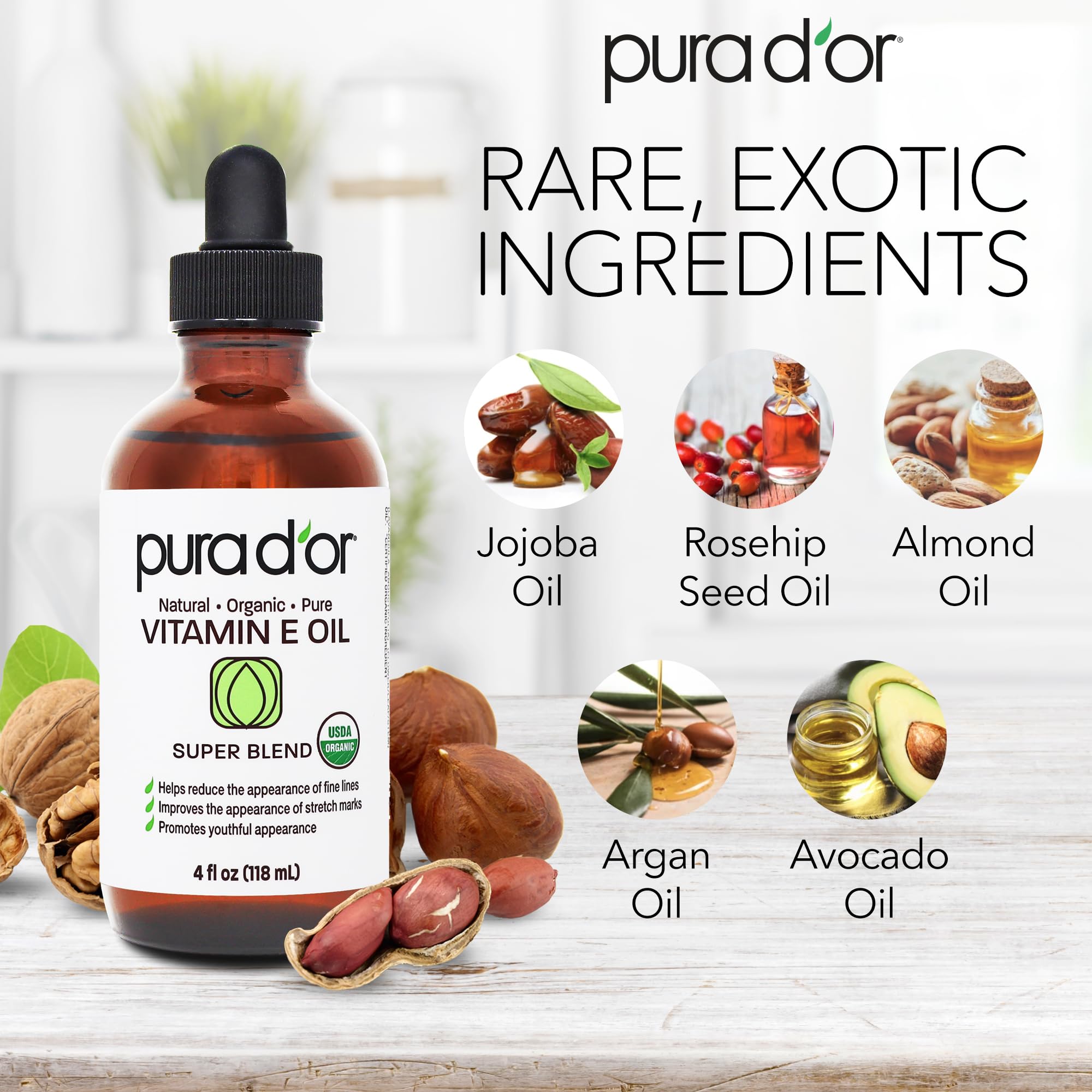 PURA D'OR 4 Oz ORGANIC Vitamin E Oil Blend - 100% Natural Hexane Free, Sweet Almond, Apricot, Jojoba, Argan, Rosehip, Sunflower & Avocado Bath Oil For Scars, Skin, Face & Full Body