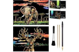 MIASTAR Scratch Art Animal Rainbow Painting Paper, Creative foil Scratch Art Toys Gift, Engraving Craft Set, DIY Sketch Card Scratchboard for Kids & Adults - 16'' x 11.2'' (Elephant/Deer)