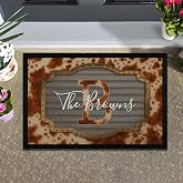 Personalized Cowhide Welcome Mat with Family Name and Monogram – Custom Western Ranch Entry Rug – Rustic Brown Cow Print Doormat with Non-Slip Back – Farmhouse Door Mat for Porch or Indoor Décor