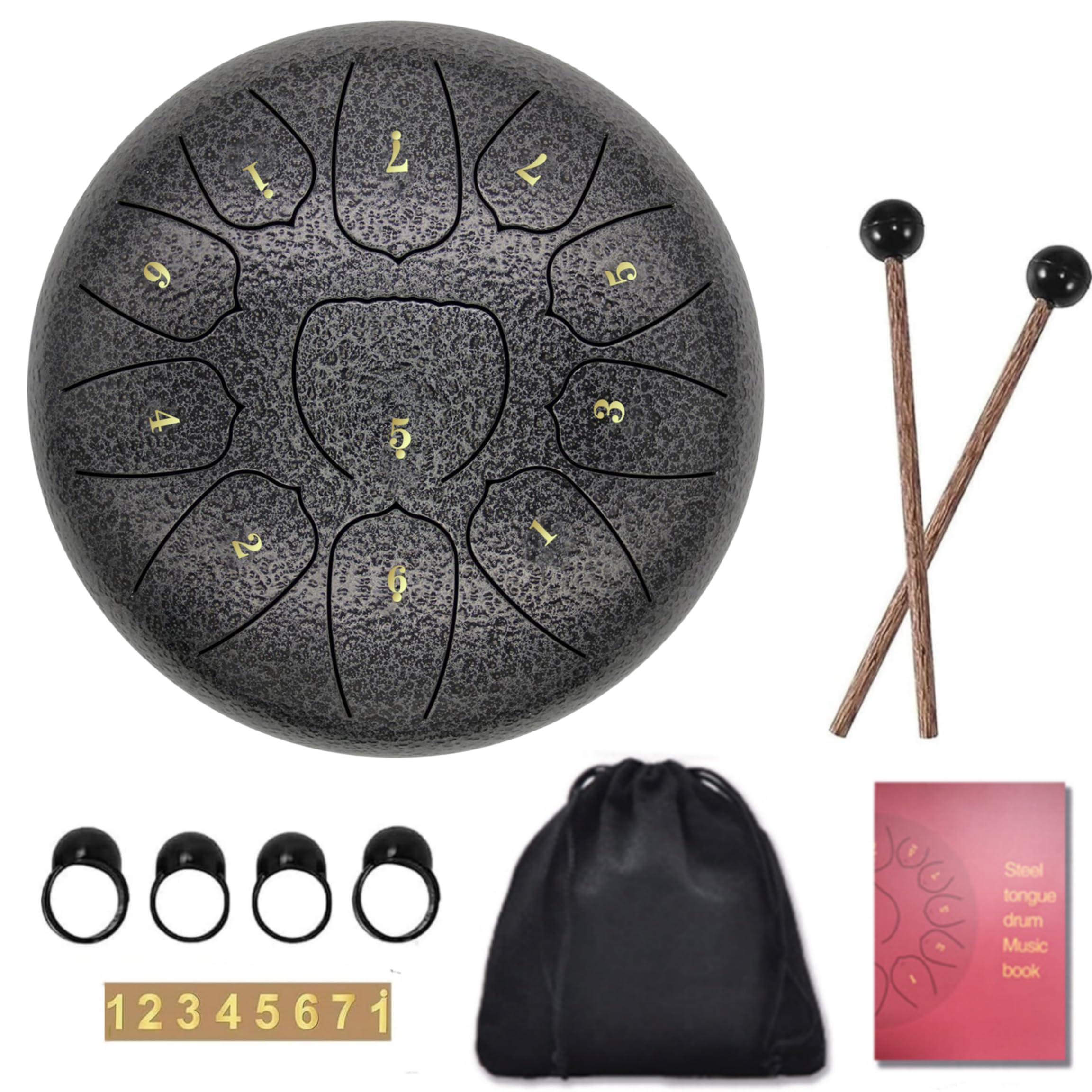 Sunydog 6 Inch Steel Tongue Drum 11 Notes Handpan Drum with Drum Mallet Finger Picks Percussion for Meditation Yoga(Dark Silver)