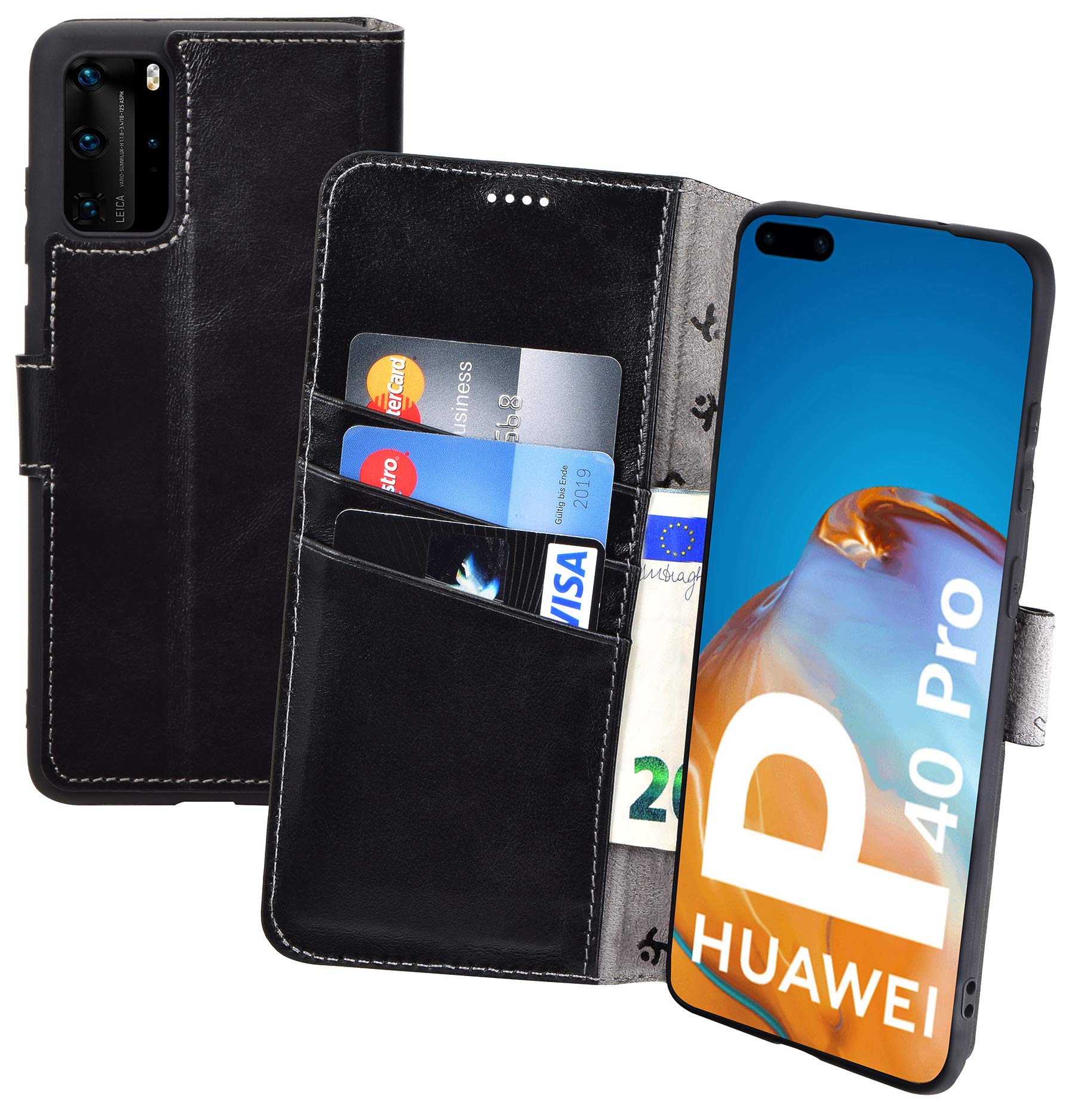 Suncase Book-Style Case compatible with Huawei P40 Pro Leather Case (Slim-Fit) Leather Case Cell Phone Case Protective Case with 3 Card Slots in Black