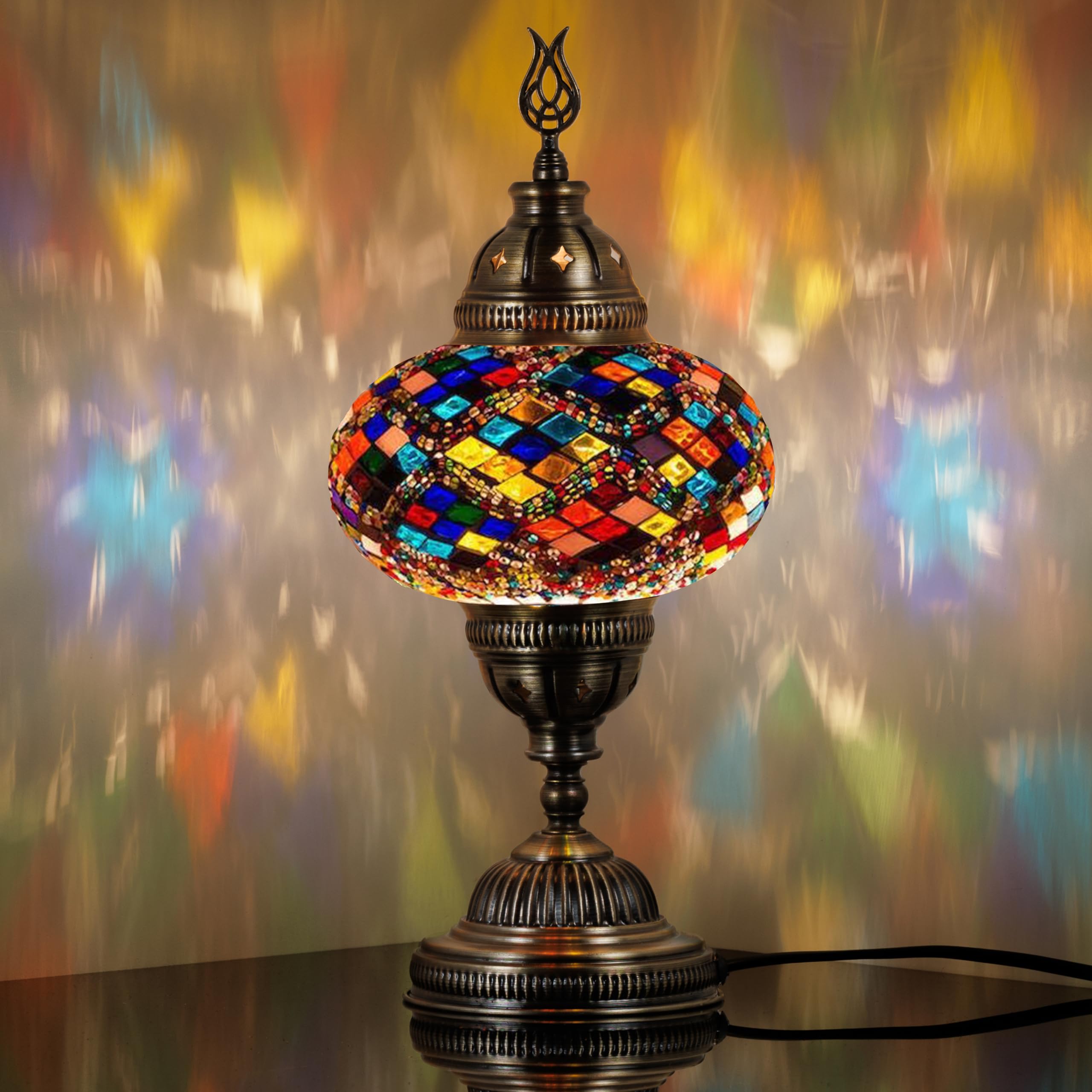 DEMMEX Turkish Moroccan Mosaic Table Bedside Night Lamp, Tiffany Style Handmade Glass Mosaics Unique Oriental Exotic Table Lamp, 16cm Big Size Globe, 36cm Height, Handmade (Multicolor - 3)