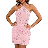 Simlakey Women's Sequin Dress Sparkly Beaded Halter Mini Dress Backless Y2K Bodycon Prom Casual Party Club Travel