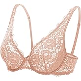 DOBREVA Women's Lace Unlined Plunge Bra Underwire Bralette Plus Size Sheer Full Coverage Bras