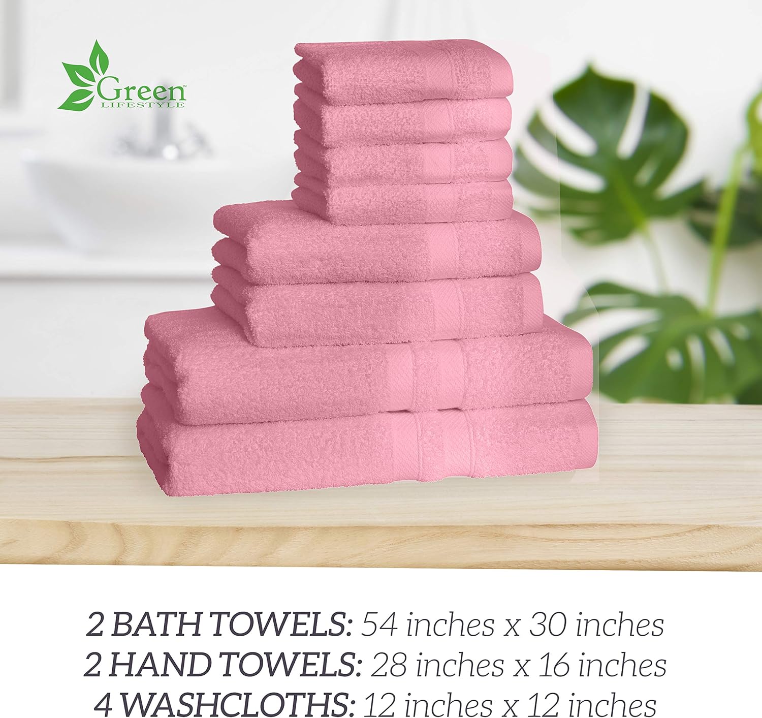 Green Lifestyle Luxurious 8 Piece 100% Pure Cotton 600 GSM Towel Set, Premium Quality Super Soft Highly Absorbent- 2 Bath Towels, 2 Hand Towels and 4 Washcloths (Pink): Kitchen & Dining