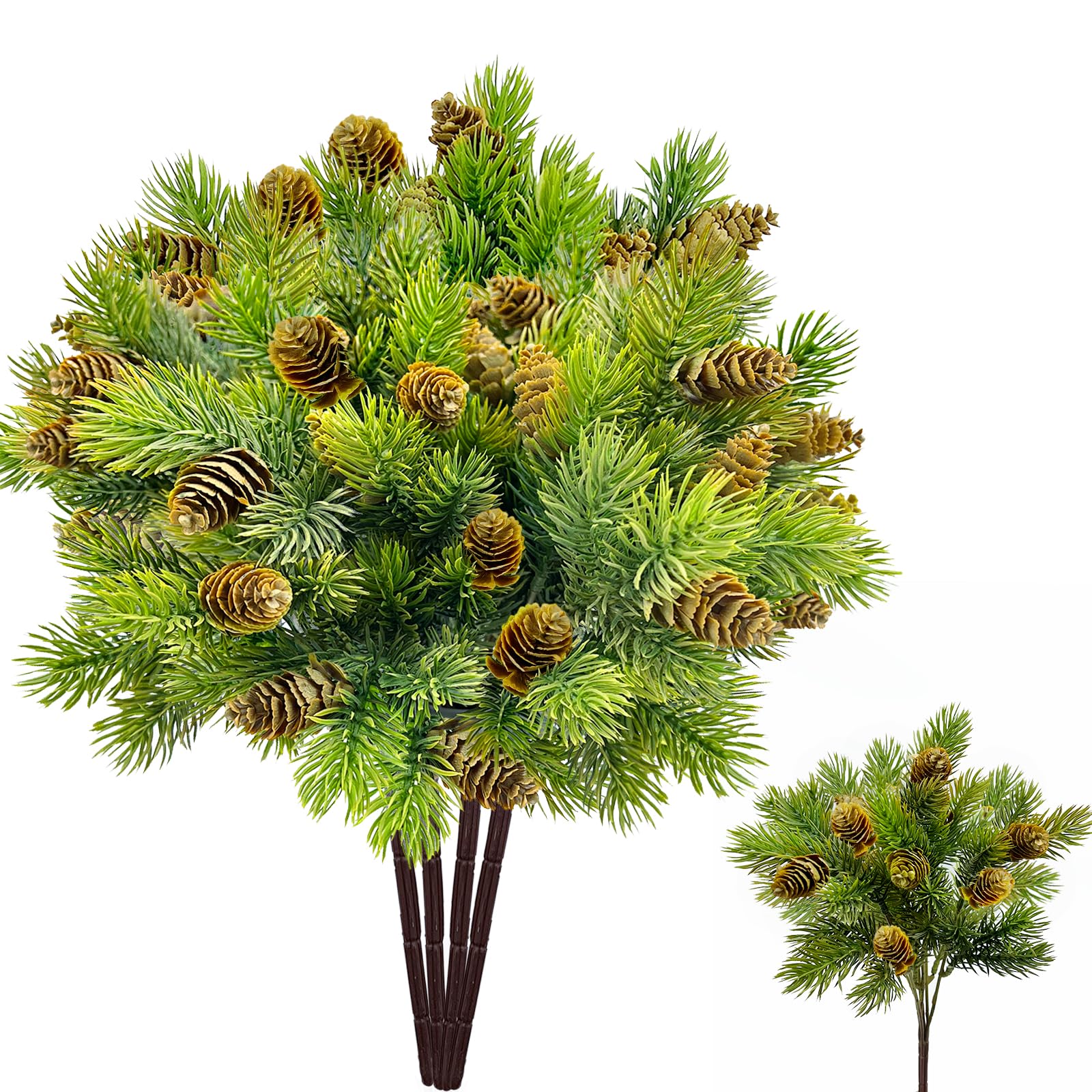 SNAIL GARDEN 4 Bunches Artificial Pine Branches with Abundant Pine Cones, Large Christmas Pine Needle Branches, Lush and Bendable Faux Pine Picks with Pinecones for DIY,Christmas and Home Decoration