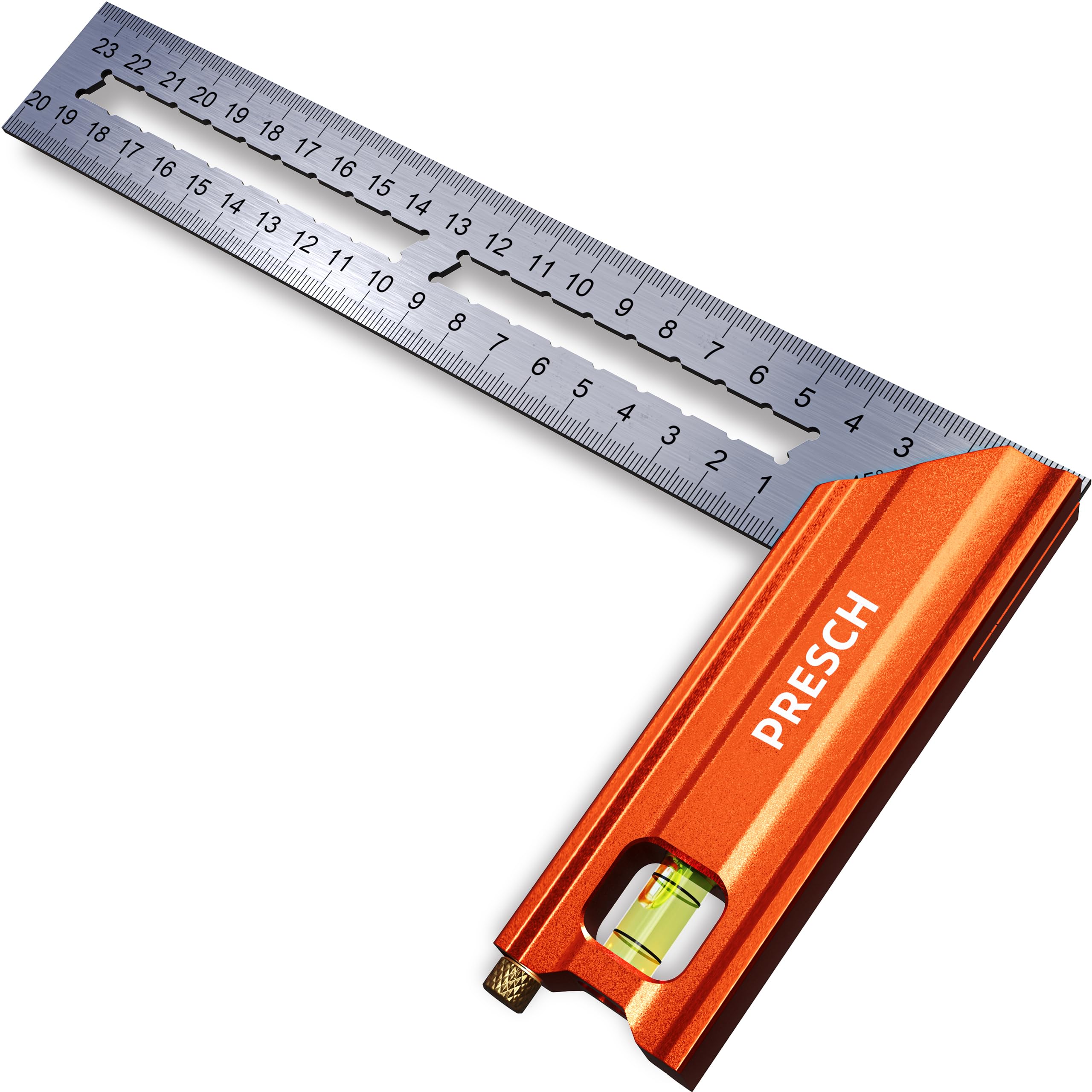 Presch Try Square 200 mm - Small - Includes rust-free marking gauge (20cm), level bubble & marking pin - 90° & 45° - Carpenters, Precision, Joiners or Engineers Square