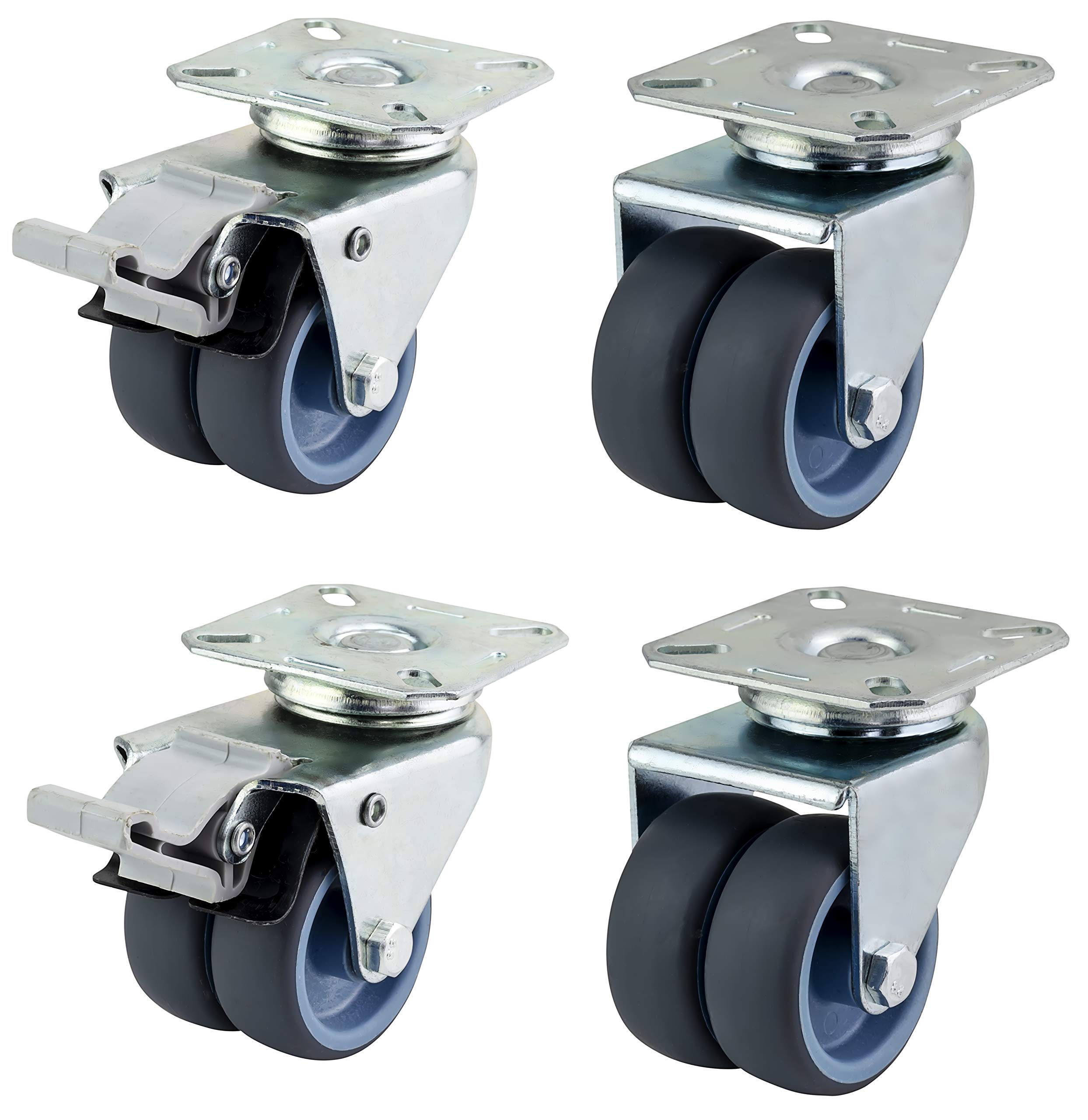 Twin Wheel Non Marking Castors Casters with 50mm Wheels and Brakes - Low Profile - Max Load 250Kg - Set of 4