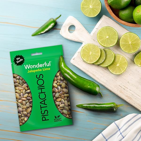 WONDERFUL PISTACHIOS NO SHELLS, JALAPEÑO LIME FLAVORED NUTS, 11 OUNCE RESEALABLE BAG, SPICY NUTS, PROTEIN SNACKS, GLUTEN FREE PANTRY STAPLES, HEALTHY SNACKS