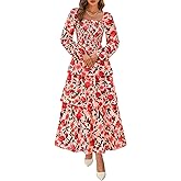 BTFBM Spring Dresses for Women 2026 Floral Long Sleeve Smocked Square Neck Ruffle Tiered Flowy Party Wedding Guest Dress