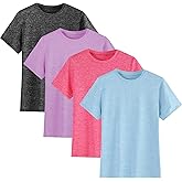 4-Pack Kids/Girls/Teen Girls Active Quick Dry T-Shirts Short Sleeve Shirts Athletic Performance T-Shirt（5-18 Years）