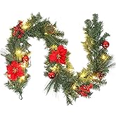 Adeeing Prelit Christmas Garland with 20 LED Lights - Red Poinsettia Flowers, Berries and Pine Cones - 6FT Lighted Garland for Mantle & Outdoor Decoration